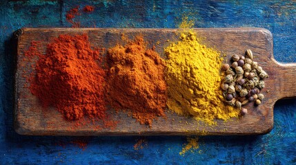 Spices on Wooden Board: A vibrant array of aromatic spices is artfully arranged on a rustic wooden board, capturing the essence of culinary artistry and global flavors.