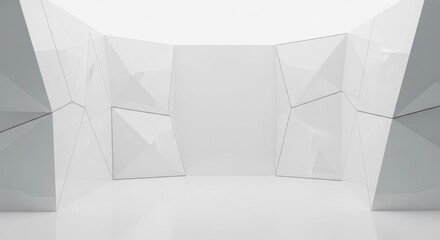 Modern minimalist white room with geometric faceted walls and reflective floor, creating an abstract and clean architectural space.