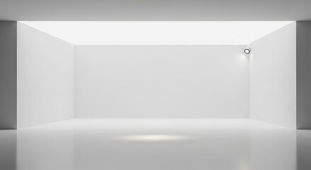 A minimalist, empty white room with a reflective floor and bright overhead lighting, suitable for an art gallery or product display.