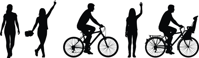 Obraz premium People silhouettes everyday activities collection, walking waving cycling figures, urban lifestyle and leisure scenes, human motion variety, black and white vector illustration