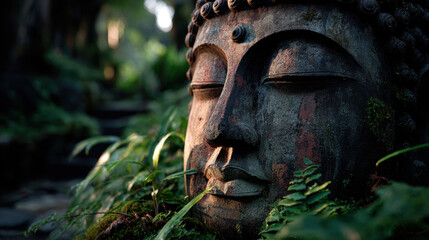Serene temple statue off beaten path surrounded by lush greenery evokes sense of peace and tranquility