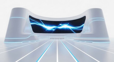 Futuristic white console with a glowing blue energy display in a high-tech environment.