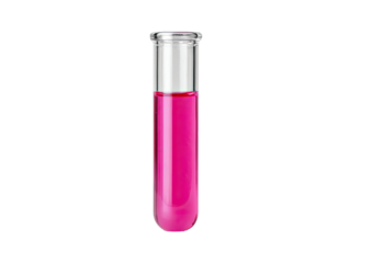 Glass test tube filled with bright pink liquid, against a black background