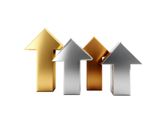 Four metallic arrows pointing upward, staggered in height, on a black backdrop