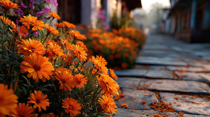 Vibrant orange flowers bloom in small towns, creating picturesque scene along cobblestone paths, evoking joy and tranquility