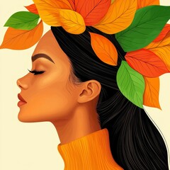 Serene Woman with Autumn Leaves in Hair, Pixel Art Portrait