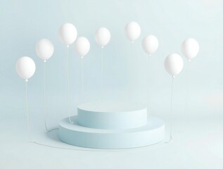 Minimalist pale blue podium with floating white spheres in a studio setting
