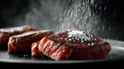 Sizzling Steak with Salt: A mouthwatering display of perfectly cooked steak, artfully seasoned with falling salt, promising a culinary delight and evoking the pleasures of gourmet food.