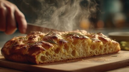 Hot focaccia bread: An individual slices through a freshly baked focaccia, the steam rising as a testament to its warmth and freshness. This culinary moment embodies simplicity and pure delight.