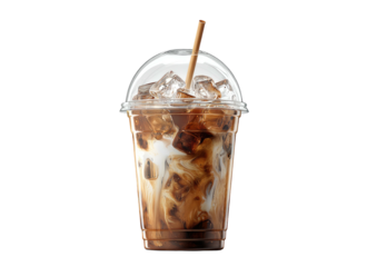 Iced coffee swirling in a clear plastic cup with lid and straw