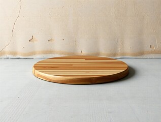 Round wooden cutting board on textured background for food photography