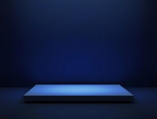 Empty illuminated stage podium with dark blue background and subtle lighting