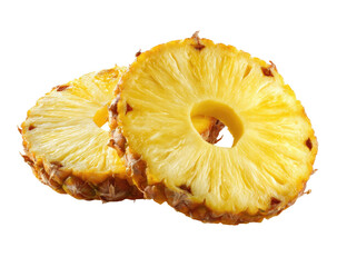 Two vibrant pineapple slices, one slightly overlapping, with a dark background