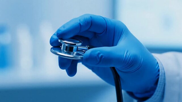 A doctor's gloved hand holds a stethoscope, ready for a medical examination.