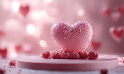 Fototapeta premium Pink heart-shaped dessert with sprinkles on a round stand, surrounded by small hearts, symbolizing love and romance