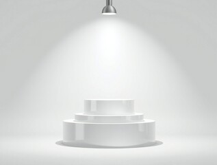 Empty white tiered stage or pedestal illuminated by a single spotlight