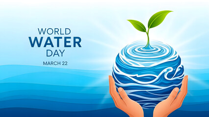 Hands holding globe with water and green plant on world water day