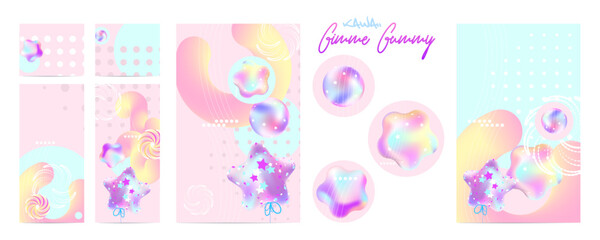 Gimme Gummy banner in princess color. Pink and mint kawaii background set. Illustrations of Festive balloons background with pastel mesh