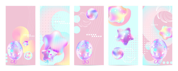 Gimme Gummy banner in princess color. Pink and mint kawaii background set. Illustrations of Festive balloons background with pastel mesh