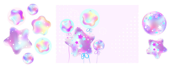 Gimme Gummy banner in princess color. Pink and mint kawaii background set. Illustrations of Festive balloons background with pastel mesh