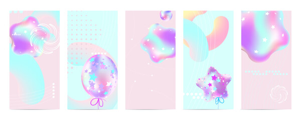 Gimme Gummy banner in princess color. Pink and mint kawaii background set. Illustrations of Festive balloons background with pastel mesh