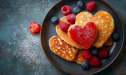 Heart shaped pancakes served with fresh raspberries, blueberries, and powdered sugar for a romantic valentine's day breakfast