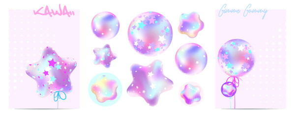 Gimme Gummy banner in princess color. Pink and mint kawaii background set. Illustrations of Festive balloons background with pastel mesh