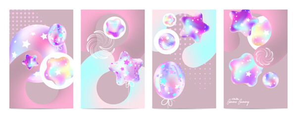Gimme Gummy banner in princess color. Pink and mint kawaii background set. Illustrations of Festive balloons background with pastel mesh