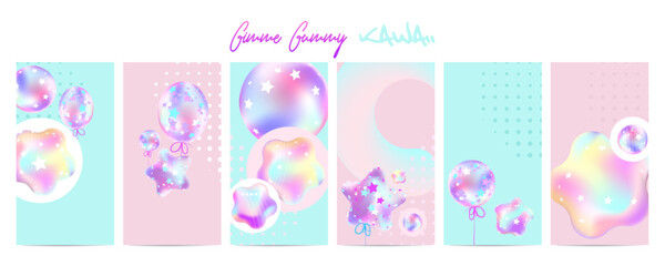 Gimme Gummy banner in princess color. Pink and mint kawaii background set. Illustrations of Festive balloons background with pastel mesh