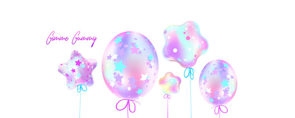 Gimme Gummy banner in princess color. Pink and mint kawaii background set. Illustrations of Festive balloons background with pastel mesh