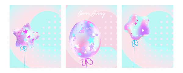 Gimme Gummy banner in princess color. Pink and mint kawaii background set. Illustrations of Festive balloons background with pastel mesh