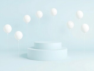Soft pastel background with floating spheres and pedestal display