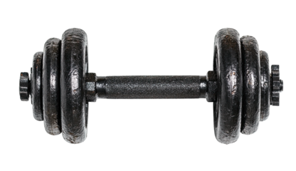Black dumbbell with multiple plates, centered against a black background