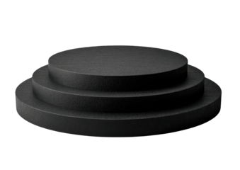 Three-tiered, dark, circular pedestal on black background for product display