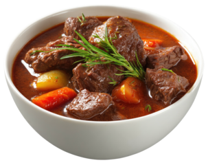 Beef stew in white bowl. Rich dark broth, meat, carrots, and potatoes visible