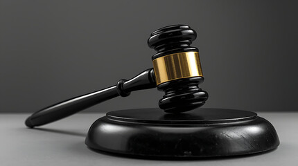 Classic black and gold judge gavel on a sound block symbolizes authority and justice in a courtroom setting.