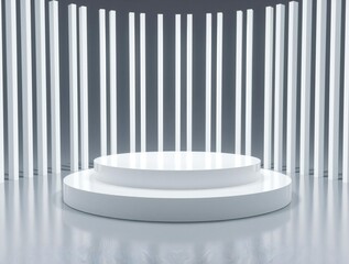 Modern white stage podium with vertical light columns background