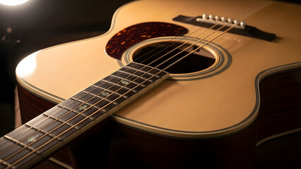Fototapeta premium Close-up of an acoustic guitar body with natural wood texture, soft studio lighting, shallow depth of field