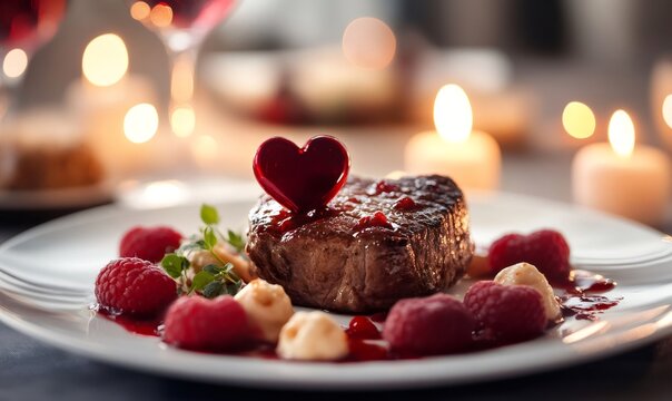 Filet mignon with raspberry sauce and heart garnish, served on a white plate with candlelight bokeh during a romantic dinner