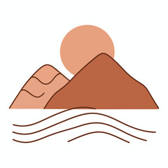 Minimalist mountain landscape illustration with rising sun and tranquil water waves