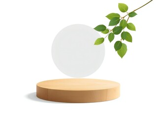 Minimalist wooden podium with green leaves and abstract circle on white background