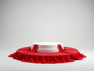 Empty white podium with red velvet draped fabric for award ceremony or product launch