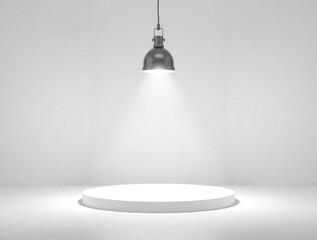 Illuminated white podium under a spotlight in a studio setting