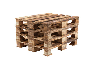 Stack of three wooden pallets showing brown, aged wood, isolated on black