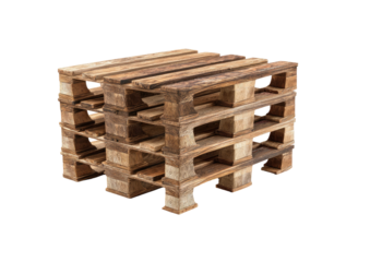Stack of three wooden pallets showing brown, aged wood, isolated on black