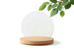 Natural wood pedestal with frosted acrylic arch and green leaves