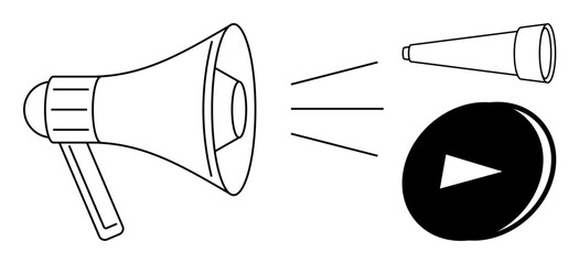 Marketing, advertising, social media, public speaking, content creation, broadcasting. A megaphone with sound waves, play button and telescope icon. Marketing and advertising communication