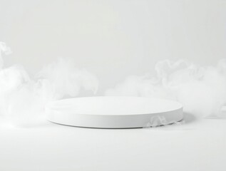Minimalist white podium stage with soft cloud like decorations