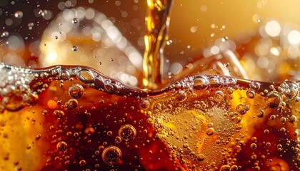 Macro close-up of fizzy soda with bubbling foam and stream pouring in, carbonated drink detail for wide beverage banner