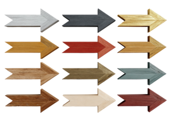 Array of wooden arrows, each with a different finish and color on black backdrop